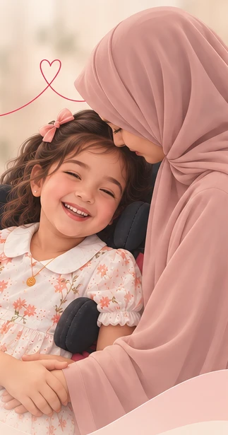 Soft artistic illustration of a mother in a pink Emirati shayla embracing a smiling child; not an actual photograph